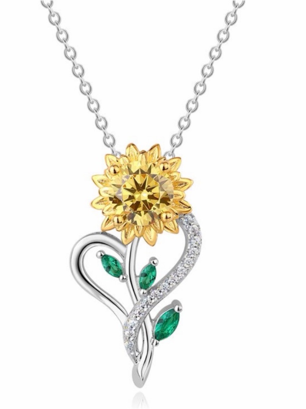 Topaz and Sterling Silver sunflower Heart Pendant Necklace - Gold Yellow & Green